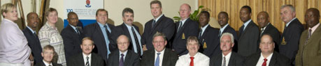 Back (left to right): Ida B&#252;hrmann, John Mashabela, Linda Meyer, John Sibisi, Tiaan Roelofse, Mynhardt le Roux, Rowan Watson, Chris Myburgh, Ruben Msume, Happy Tshuma, Moses Maebela, Sarel Phillips, Johan Boonzaaier, Andries Satege
Front (left to right): Willie Thorpe (Group training manager: Fidelity Security Services), Johan Griessel (training manager: Fidelity Security Services), Prof Niek Grov&#233; (registrar), Mr Wahl Bartmann (CEO: Fidelity Security Services), Dr Louw Botha (specialist: Learning and Development), Rudolph Lindeque (training officer: Fidelity Security Services), Mnr Colin Fouch&#233; (director: Security Services)